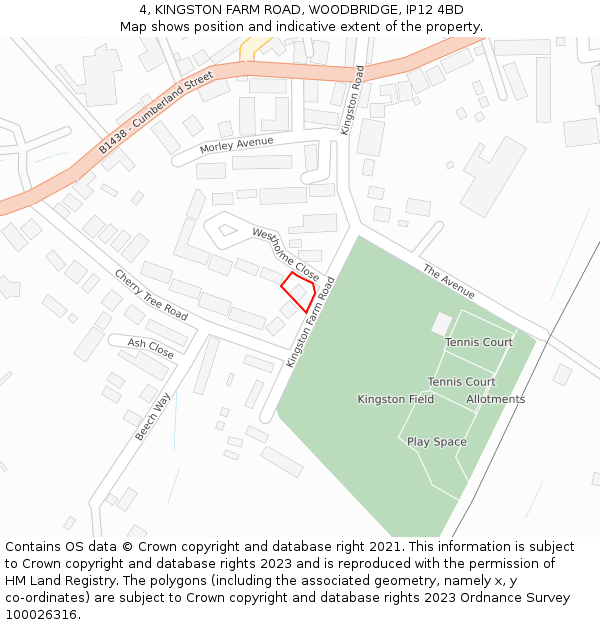 4, KINGSTON FARM ROAD, WOODBRIDGE, IP12 4BD: Location map and indicative extent of plot