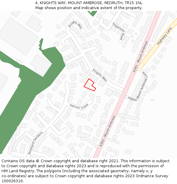 4, KNIGHTS WAY, MOUNT AMBROSE, REDRUTH, TR15 1NL: Location map and indicative extent of plot