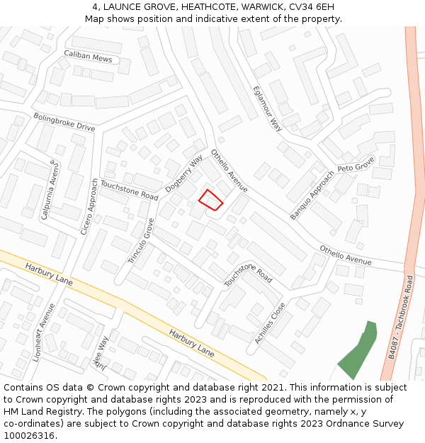 4, LAUNCE GROVE, HEATHCOTE, WARWICK, CV34 6EH: Location map and indicative extent of plot