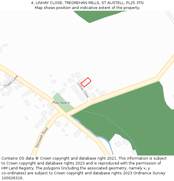 4, LINHAY CLOSE, TREGREHAN MILLS, ST AUSTELL, PL25 3TN: Location map and indicative extent of plot