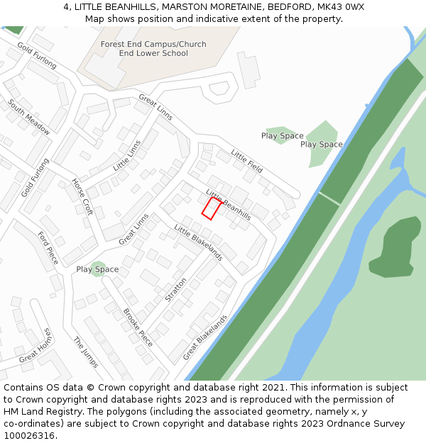 4, LITTLE BEANHILLS, MARSTON MORETAINE, BEDFORD, MK43 0WX: Location map and indicative extent of plot