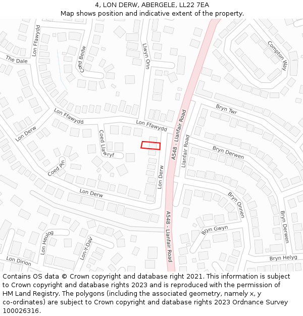4, LON DERW, ABERGELE, LL22 7EA: Location map and indicative extent of plot