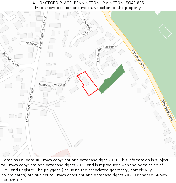 4, LONGFORD PLACE, PENNINGTON, LYMINGTON, SO41 8FS: Location map and indicative extent of plot