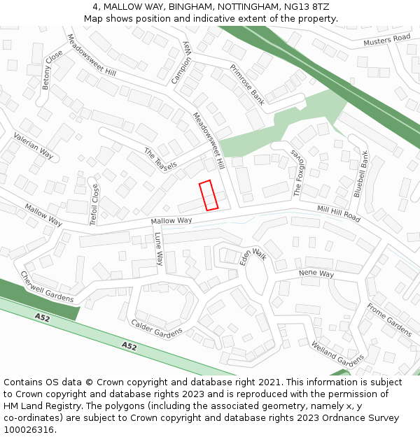 4, MALLOW WAY, BINGHAM, NOTTINGHAM, NG13 8TZ: Location map and indicative extent of plot