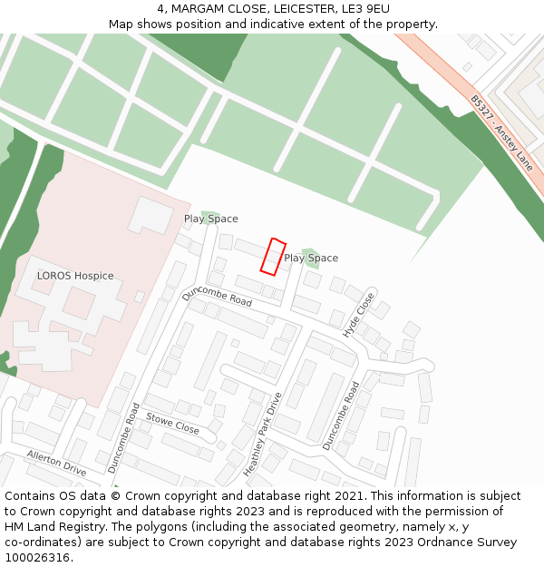 4, MARGAM CLOSE, LEICESTER, LE3 9EU: Location map and indicative extent of plot