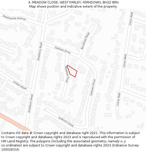 4, MEADOW CLOSE, WEST PARLEY, FERNDOWN, BH22 8RN: Location map and indicative extent of plot