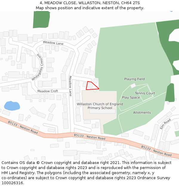 4, MEADOW CLOSE, WILLASTON, NESTON, CH64 2TS: Location map and indicative extent of plot