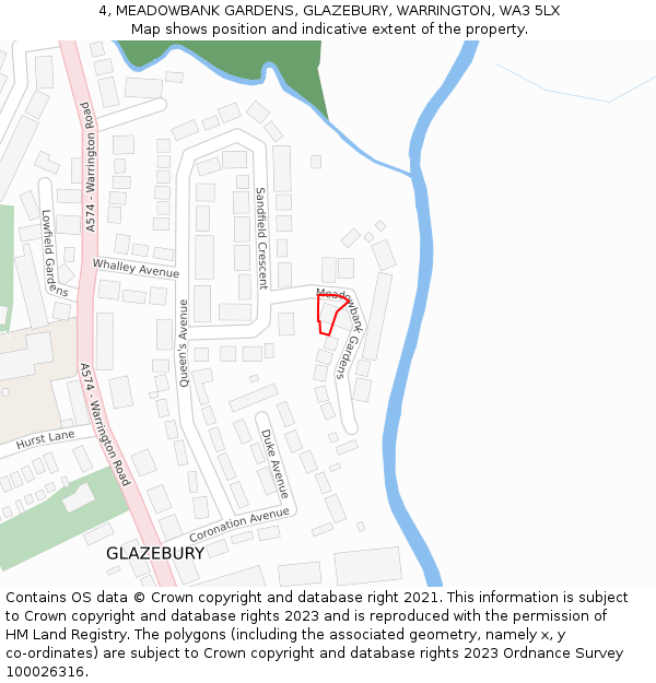 4, MEADOWBANK GARDENS, GLAZEBURY, WARRINGTON, WA3 5LX: Location map and indicative extent of plot