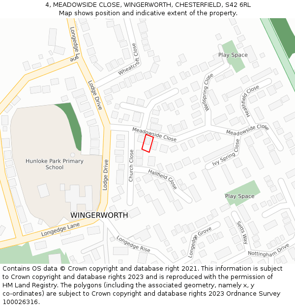 4, MEADOWSIDE CLOSE, WINGERWORTH, CHESTERFIELD, S42 6RL: Location map and indicative extent of plot