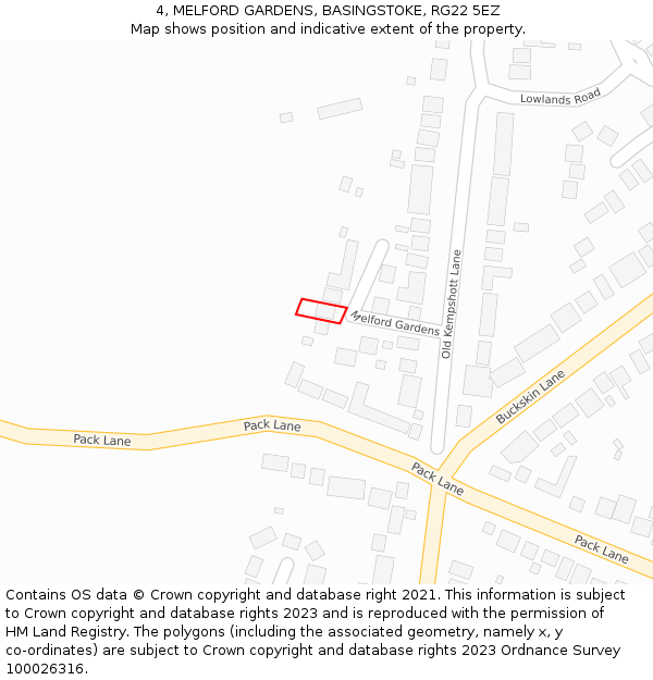 4, MELFORD GARDENS, BASINGSTOKE, RG22 5EZ: Location map and indicative extent of plot