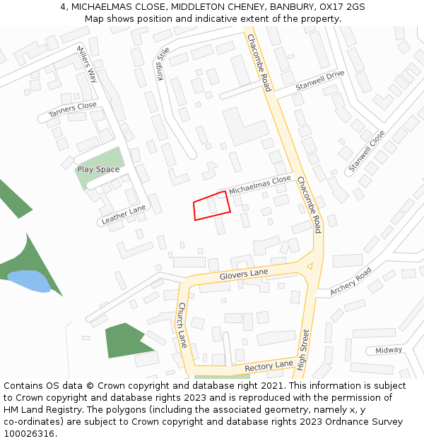 4, MICHAELMAS CLOSE, MIDDLETON CHENEY, BANBURY, OX17 2GS: Location map and indicative extent of plot