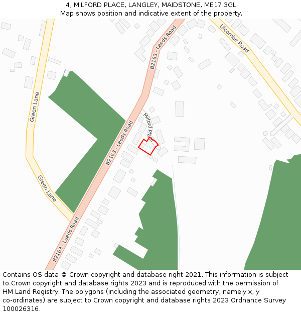 4, MILFORD PLACE, LANGLEY, MAIDSTONE, ME17 3GL: Location map and indicative extent of plot