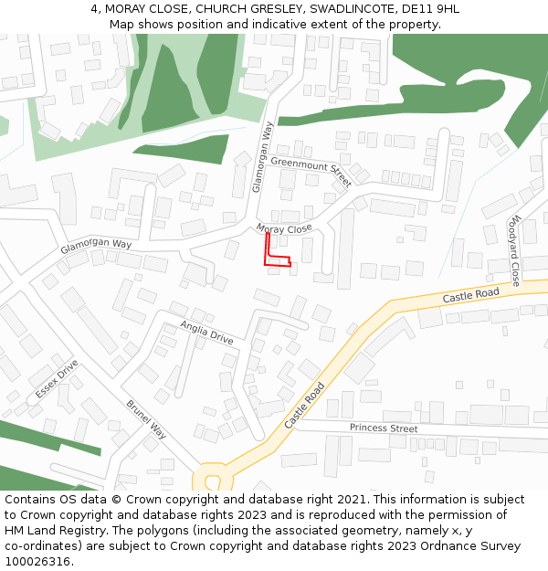 4, MORAY CLOSE, CHURCH GRESLEY, SWADLINCOTE, DE11 9HL: Location map and indicative extent of plot