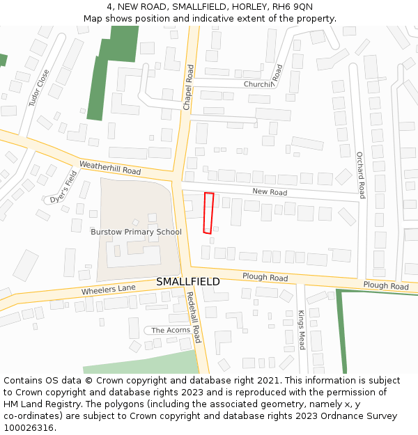 4, NEW ROAD, SMALLFIELD, HORLEY, RH6 9QN: Location map and indicative extent of plot