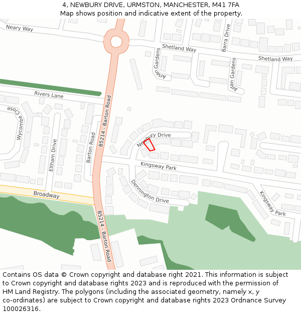 4, NEWBURY DRIVE, URMSTON, MANCHESTER, M41 7FA: Location map and indicative extent of plot