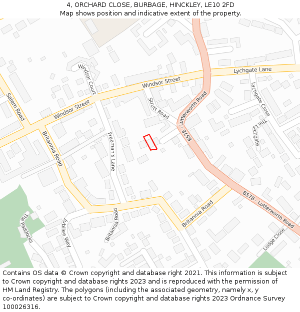 4, ORCHARD CLOSE, BURBAGE, HINCKLEY, LE10 2FD: Location map and indicative extent of plot