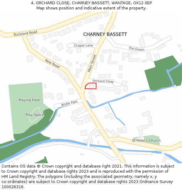 4, ORCHARD CLOSE, CHARNEY BASSETT, WANTAGE, OX12 0EP: Location map and indicative extent of plot