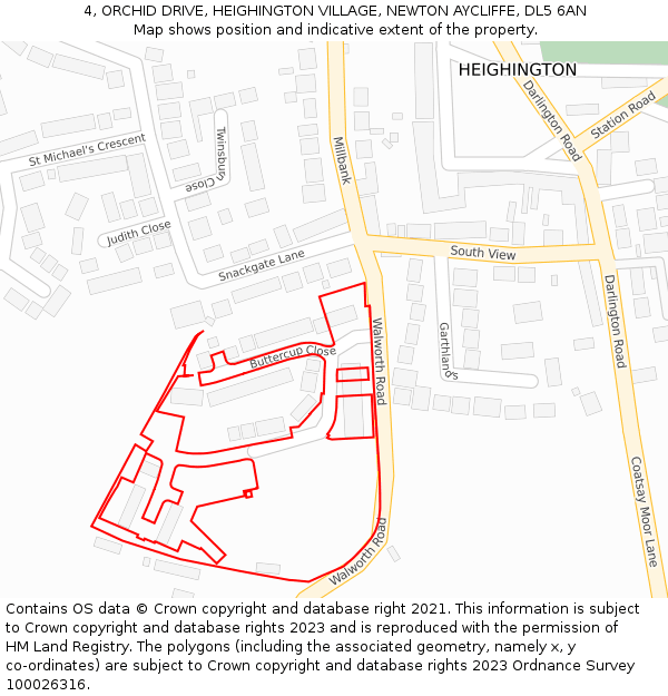 4, ORCHID DRIVE, HEIGHINGTON VILLAGE, NEWTON AYCLIFFE, DL5 6AN: Location map and indicative extent of plot