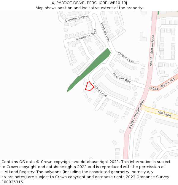 4, PARDOE DRIVE, PERSHORE, WR10 1RJ: Location map and indicative extent of plot