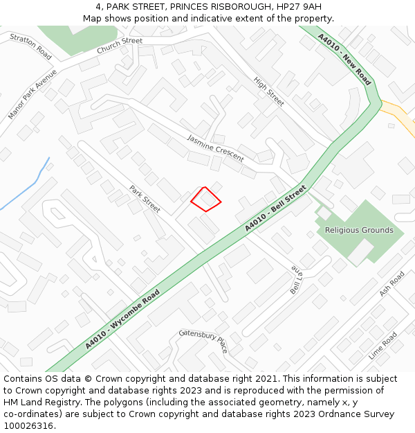 4, PARK STREET, PRINCES RISBOROUGH, HP27 9AH: Location map and indicative extent of plot