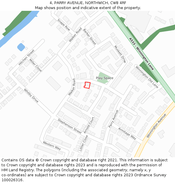 4, PARRY AVENUE, NORTHWICH, CW8 4RF: Location map and indicative extent of plot