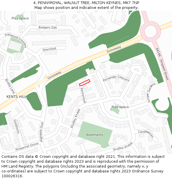 4, PENNYROYAL, WALNUT TREE, MILTON KEYNES, MK7 7NP: Location map and indicative extent of plot