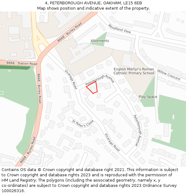 4, PETERBOROUGH AVENUE, OAKHAM, LE15 6EB: Location map and indicative extent of plot