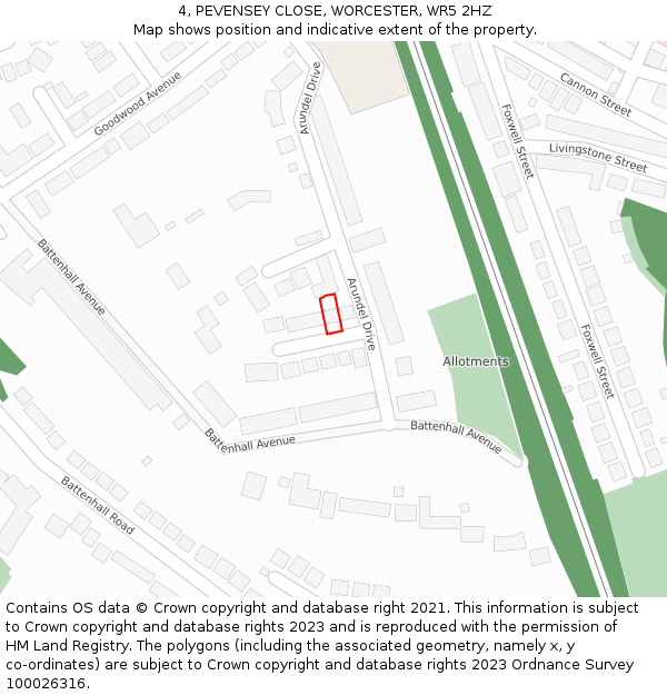 4, PEVENSEY CLOSE, WORCESTER, WR5 2HZ: Location map and indicative extent of plot