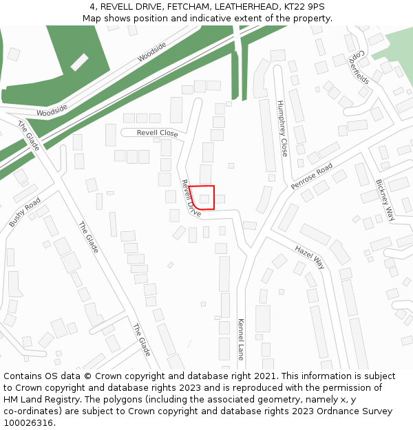 4, REVELL DRIVE, FETCHAM, LEATHERHEAD, KT22 9PS: Location map and indicative extent of plot