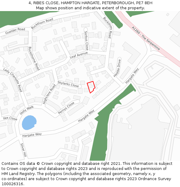 4, RIBES CLOSE, HAMPTON HARGATE, PETERBOROUGH, PE7 8EH: Location map and indicative extent of plot