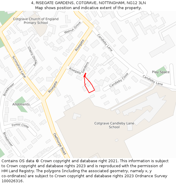 4, RISEGATE GARDENS, COTGRAVE, NOTTINGHAM, NG12 3LN: Location map and indicative extent of plot