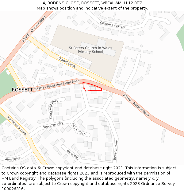 4, RODENS CLOSE, ROSSETT, WREXHAM, LL12 0EZ: Location map and indicative extent of plot