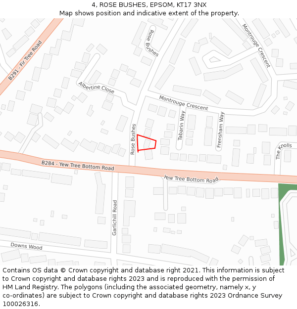 4, ROSE BUSHES, EPSOM, KT17 3NX: Location map and indicative extent of plot