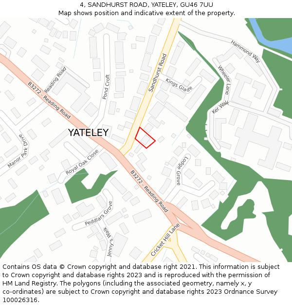 4, SANDHURST ROAD, YATELEY, GU46 7UU: Location map and indicative extent of plot