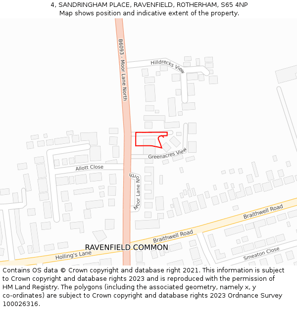 4, SANDRINGHAM PLACE, RAVENFIELD, ROTHERHAM, S65 4NP: Location map and indicative extent of plot