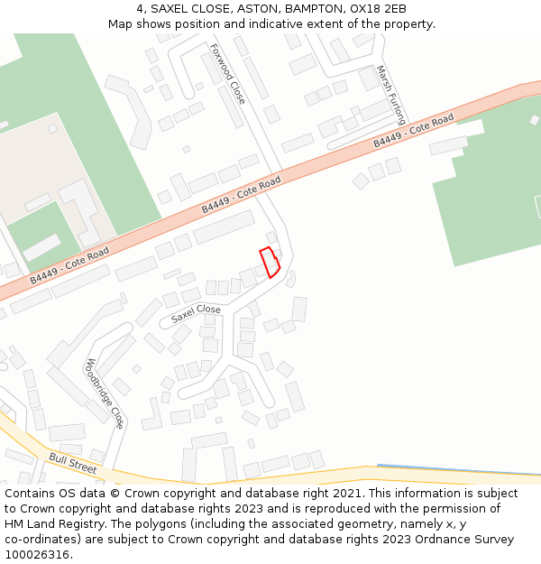 4, SAXEL CLOSE, ASTON, BAMPTON, OX18 2EB: Location map and indicative extent of plot