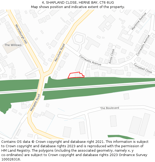 4, SHAPLAND CLOSE, HERNE BAY, CT6 6UG: Location map and indicative extent of plot