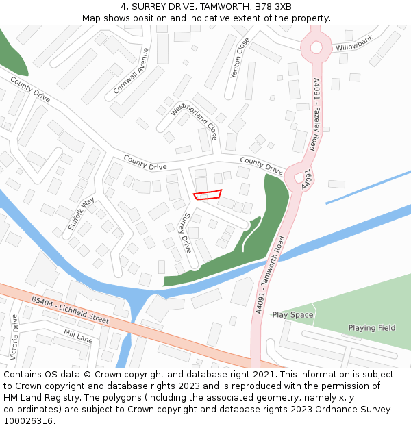 4, SURREY DRIVE, TAMWORTH, B78 3XB: Location map and indicative extent of plot