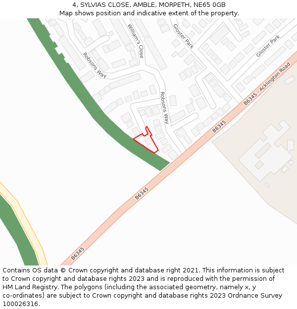 4, SYLVIAS CLOSE, AMBLE, MORPETH, NE65 0GB: Location map and indicative extent of plot