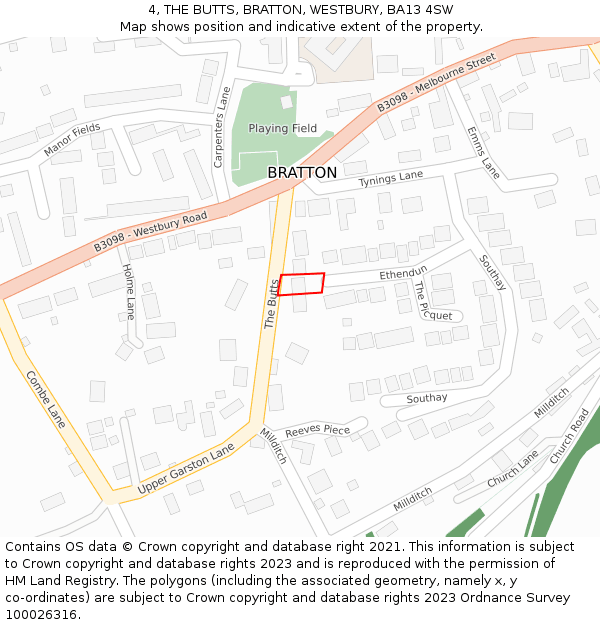 4, THE BUTTS, BRATTON, WESTBURY, BA13 4SW: Location map and indicative extent of plot