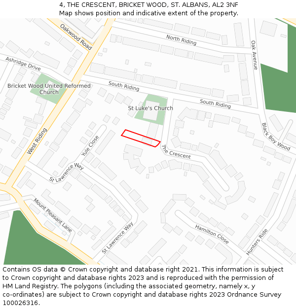 4, THE CRESCENT, BRICKET WOOD, ST. ALBANS, AL2 3NF: Location map and indicative extent of plot