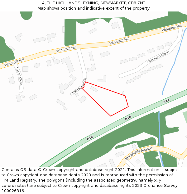 4, THE HIGHLANDS, EXNING, NEWMARKET, CB8 7NT: Location map and indicative extent of plot