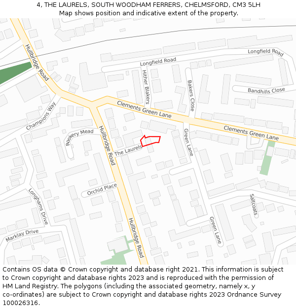 4, THE LAURELS, SOUTH WOODHAM FERRERS, CHELMSFORD, CM3 5LH: Location map and indicative extent of plot