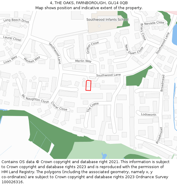 4, THE OAKS, FARNBOROUGH, GU14 0QB: Location map and indicative extent of plot