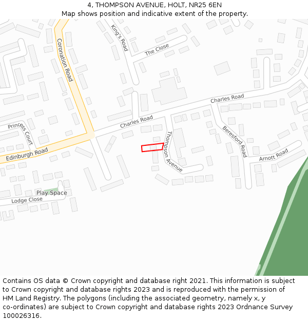 4, THOMPSON AVENUE, HOLT, NR25 6EN: Location map and indicative extent of plot