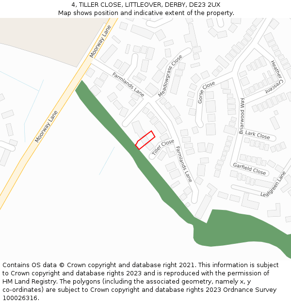 4, TILLER CLOSE, LITTLEOVER, DERBY, DE23 2UX: Location map and indicative extent of plot