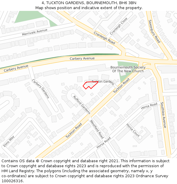 4, TUCKTON GARDENS, BOURNEMOUTH, BH6 3BN: Location map and indicative extent of plot