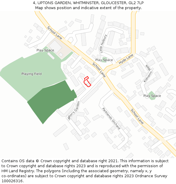 4, UPTONS GARDEN, WHITMINSTER, GLOUCESTER, GL2 7LP: Location map and indicative extent of plot