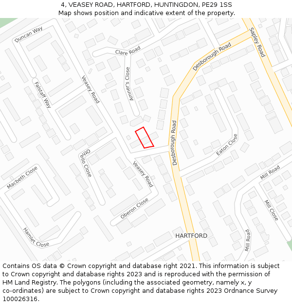 4, VEASEY ROAD, HARTFORD, HUNTINGDON, PE29 1SS: Location map and indicative extent of plot