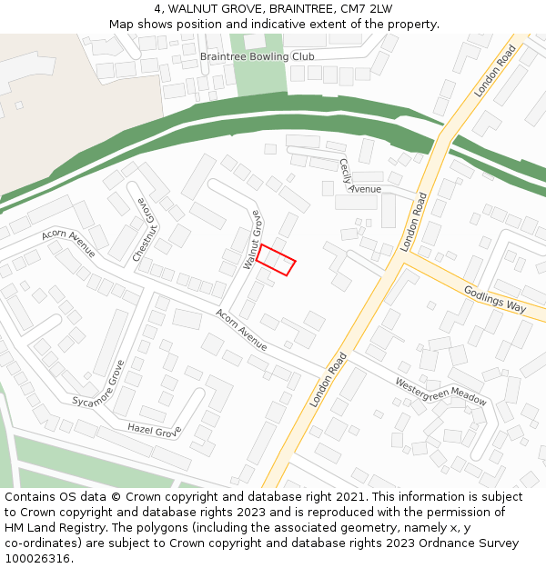 4, WALNUT GROVE, BRAINTREE, CM7 2LW: Location map and indicative extent of plot